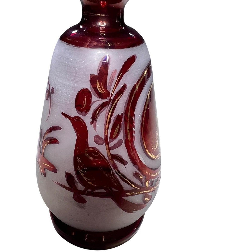 Ruby Red Bohemian Glass Vase Gold Deer and Bird Design‎ Bud Vase Decor Handblown - Picture 11 of 14